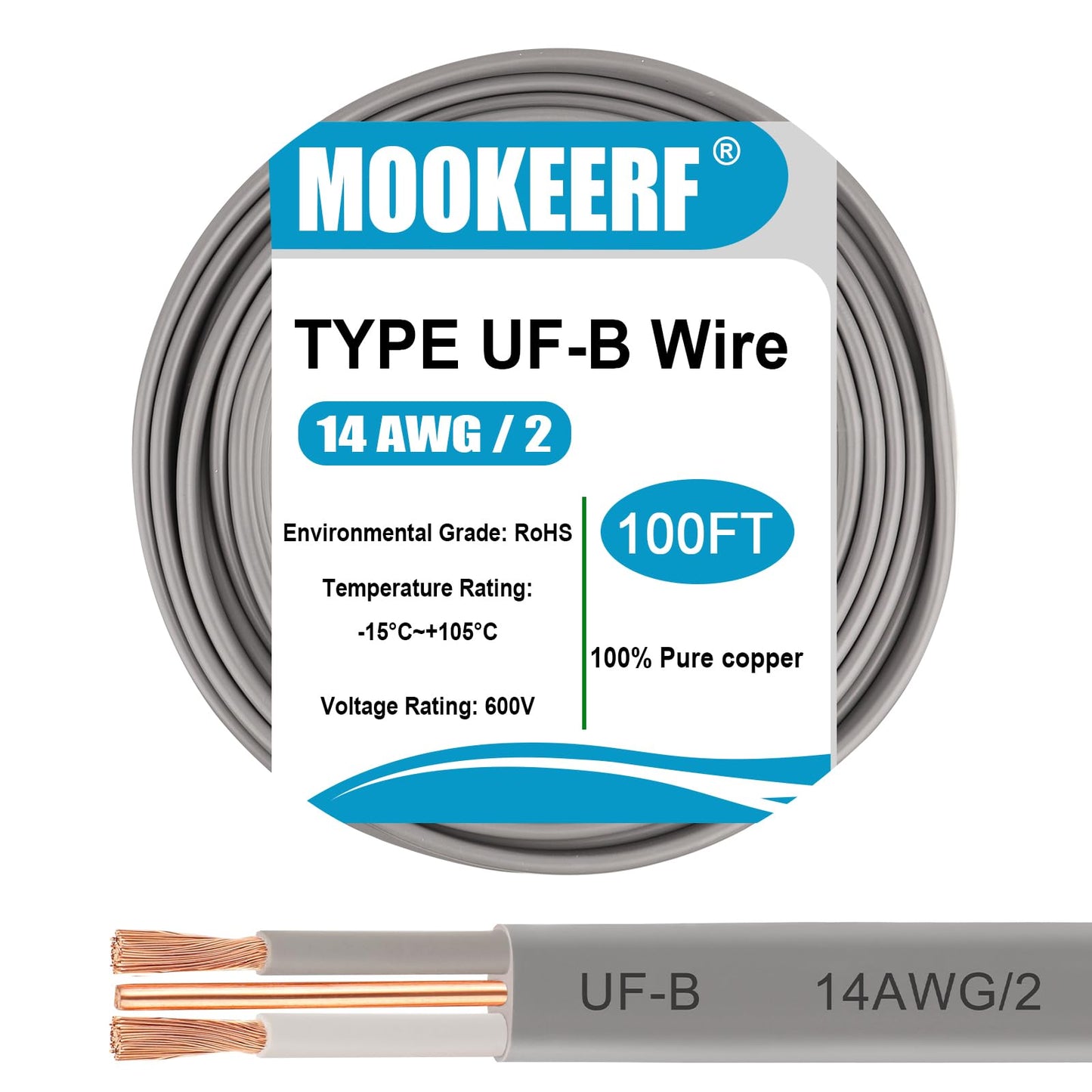 14/2 UF-B Wire - 100FT 14 Gauge Direct Burial Electrical Cable 100% Pure Copper 14AWG 2 Connector for Underground Feeder Wet or Corrosive Locations Indoor & Outdoor etc