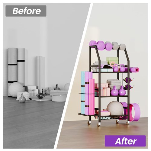 Homeiju Dumbbell Rack, 4 Tier Weight Rack for Home Gym, Yoga Mat Storage Holder with Lockable Wheels, Dumbbell Stand with Hooks, All in One Work out Equipment Storage for Yoga Mat Dumbbell and Balls