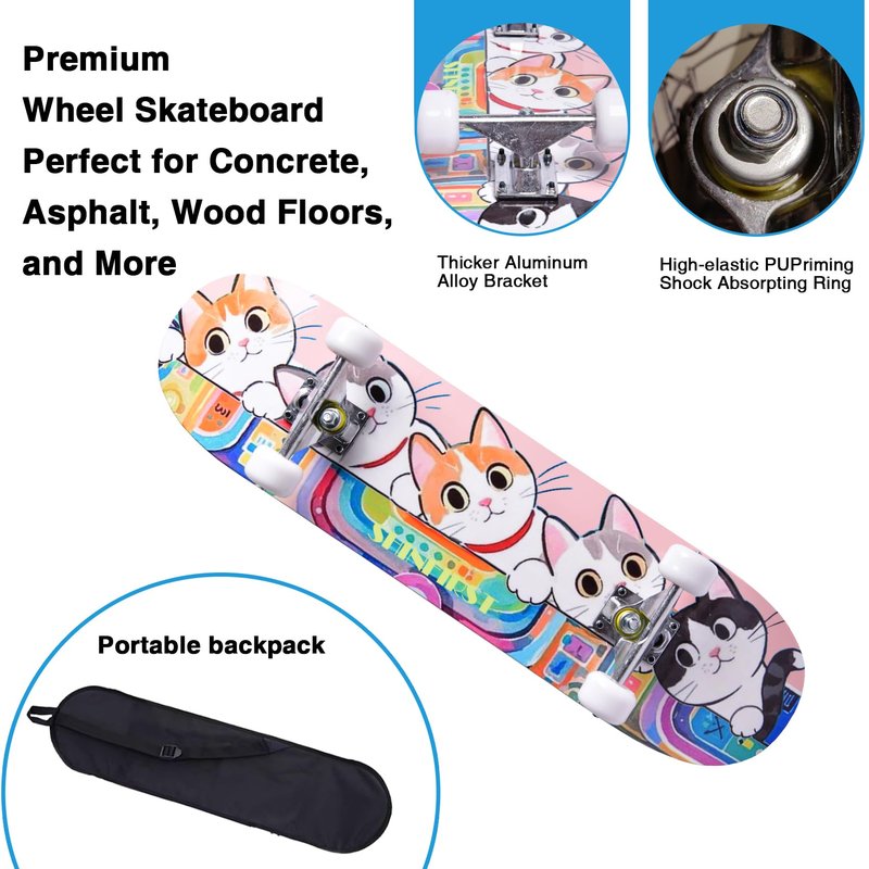 Skateboards for Beginners Kids Boys Girls Teens and Adults, 31 Inch Complete Standard Skateboards with 7-Layer Maple Double Kick Deck Unicorn and Skull Design (Cates)