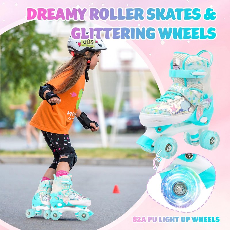 HALOSK Mermaid Roller Skates for Kids Girls Boys, 4 Size Adjustable Quad Skates with 8 Wheels Light up Fish Scale Design for Beginner Ages 3-12
