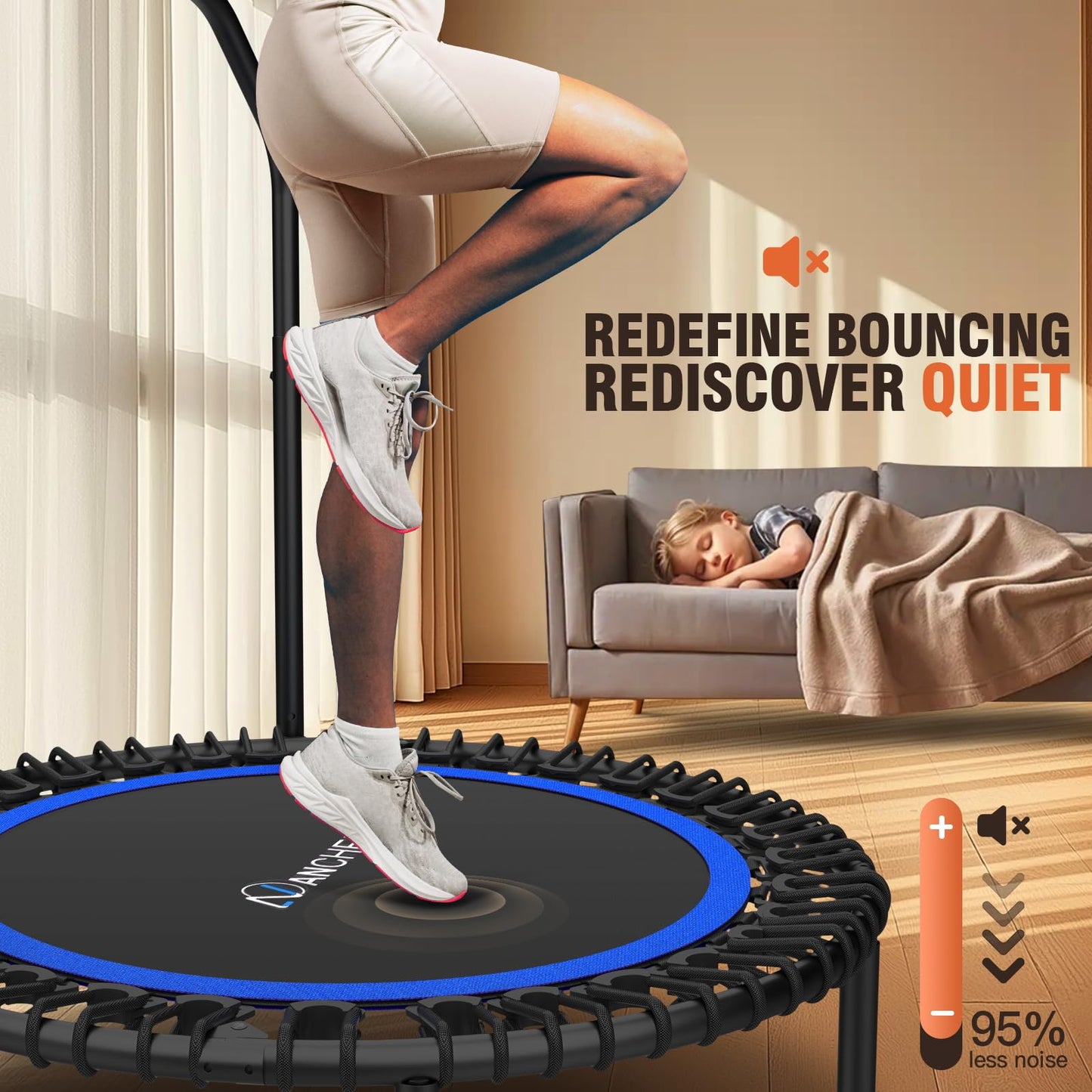 ANCHEER 40" Foldable Rebounder Trampoline for Adults/Kids with Resistance Bands and Bungees, Fitness Home, Indoor & Outdoor Mini Trampoline with Bar and Safety Padding - Max Load 330lbs (Blue)