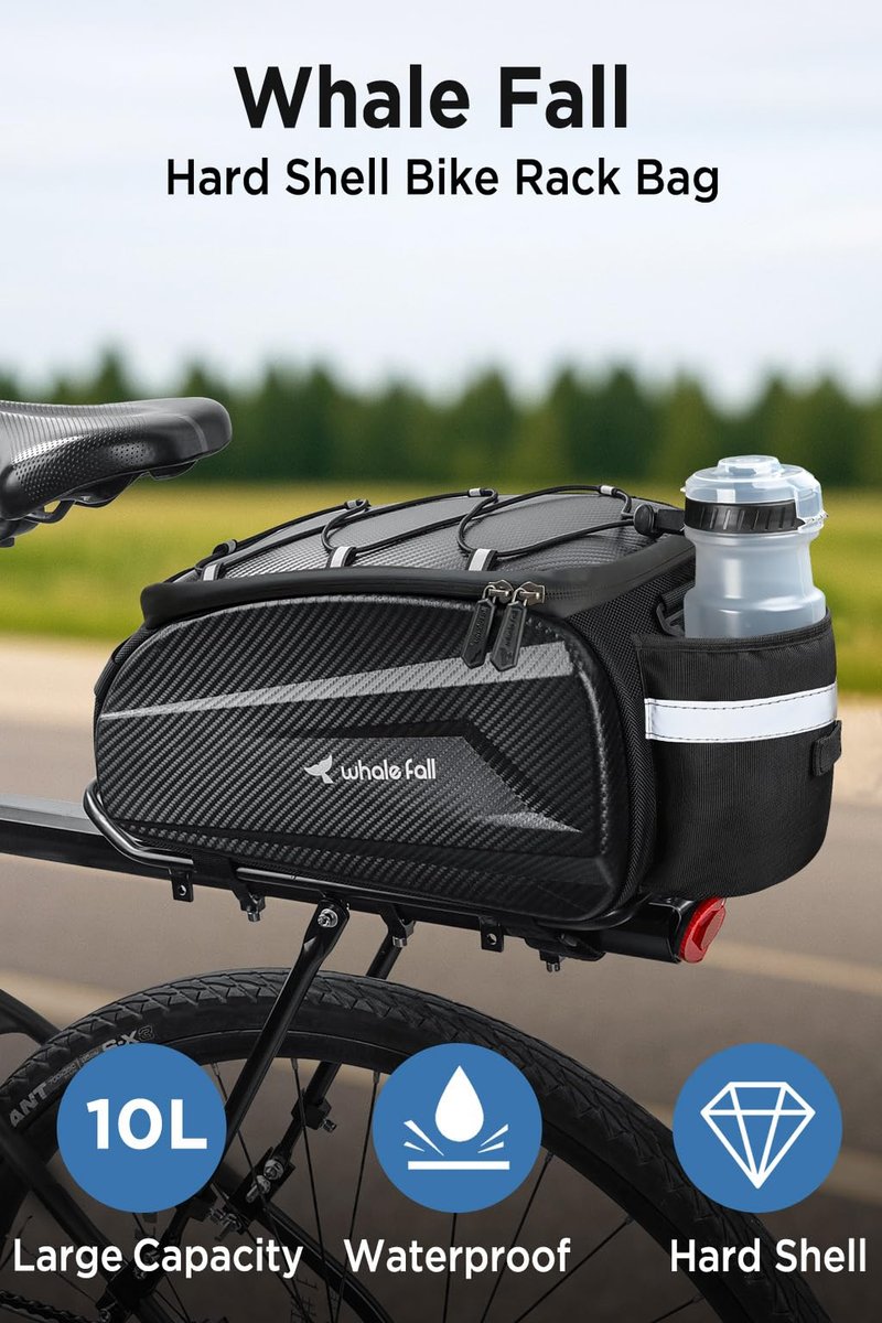 whale fall 10L Bike Rack Bag – Hard Shell Waterproof Rear Trunk Pannier, Saddle Seat Bag Carrier with Rain Cover, 4-Side Reflective Panels, Shoulder Strap & Handle, Bike Accessories, Gifts for Men