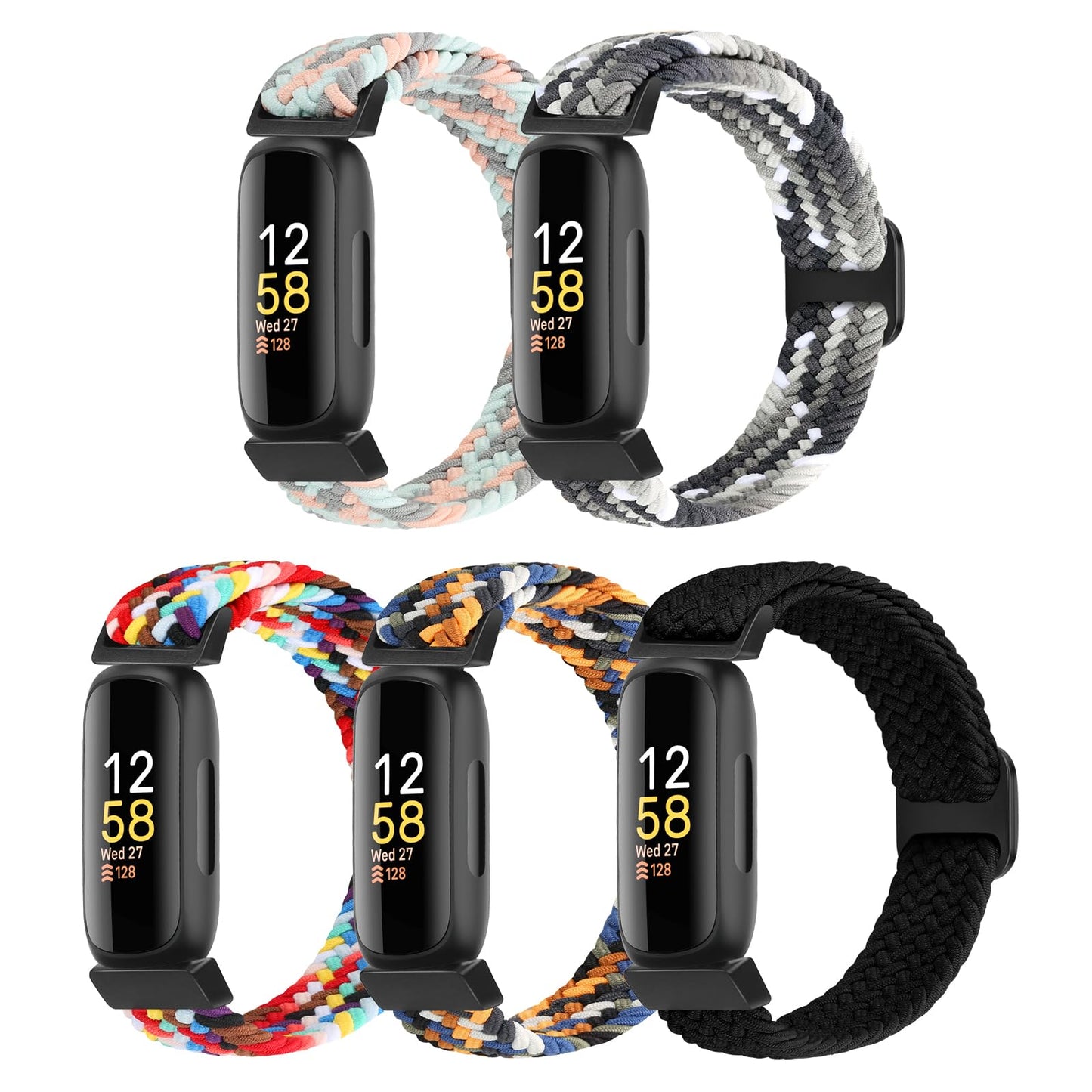 Braided Stretchy Solo Loop Compatible for Fitbit Inspire 3/Inspire 2/Inspire HR/Inspire/Ace 3/Ace 2 for Women Men, Nylon Elastic Straps Wristbands for Fitbit Inspire 3, 5 Packs B