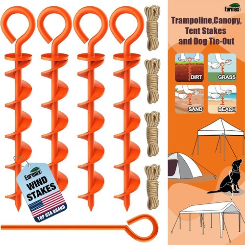 Eurmax USA Canopy Tent Stakes | Durable Corkscrew Shape Steel with Installation Tool & Ropes - Set of 4 (Orange)