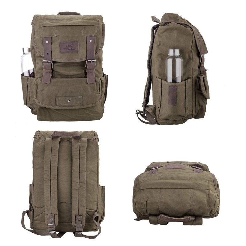 TOPWOLFS Waterproof Waxed Canvas Backpack for Men Travel Rucksack Leather Trimming (Green) One_Size