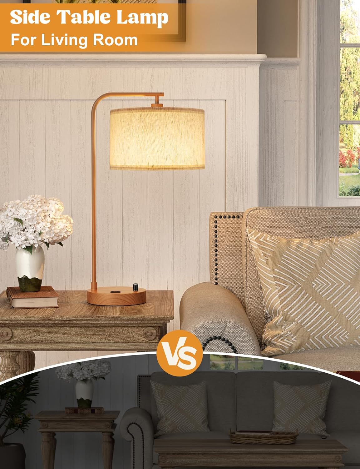 Dimmable Tall Table Lamp with USB Port & Outlet - Linen Shade Bedside Desk Lamp for Bedroom, Living Room, Home Office
