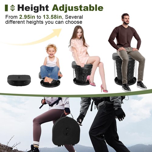 Collapsible Portable Toilet with Odor-Lock Lid - 1-Minute Setup Adjustable Height (2.95in-13.58in) 400lbs Capacity, Backpack-Friendly 3-in-1 Camp Potty for Camping, Hiking, Car, RV & Emergency Use