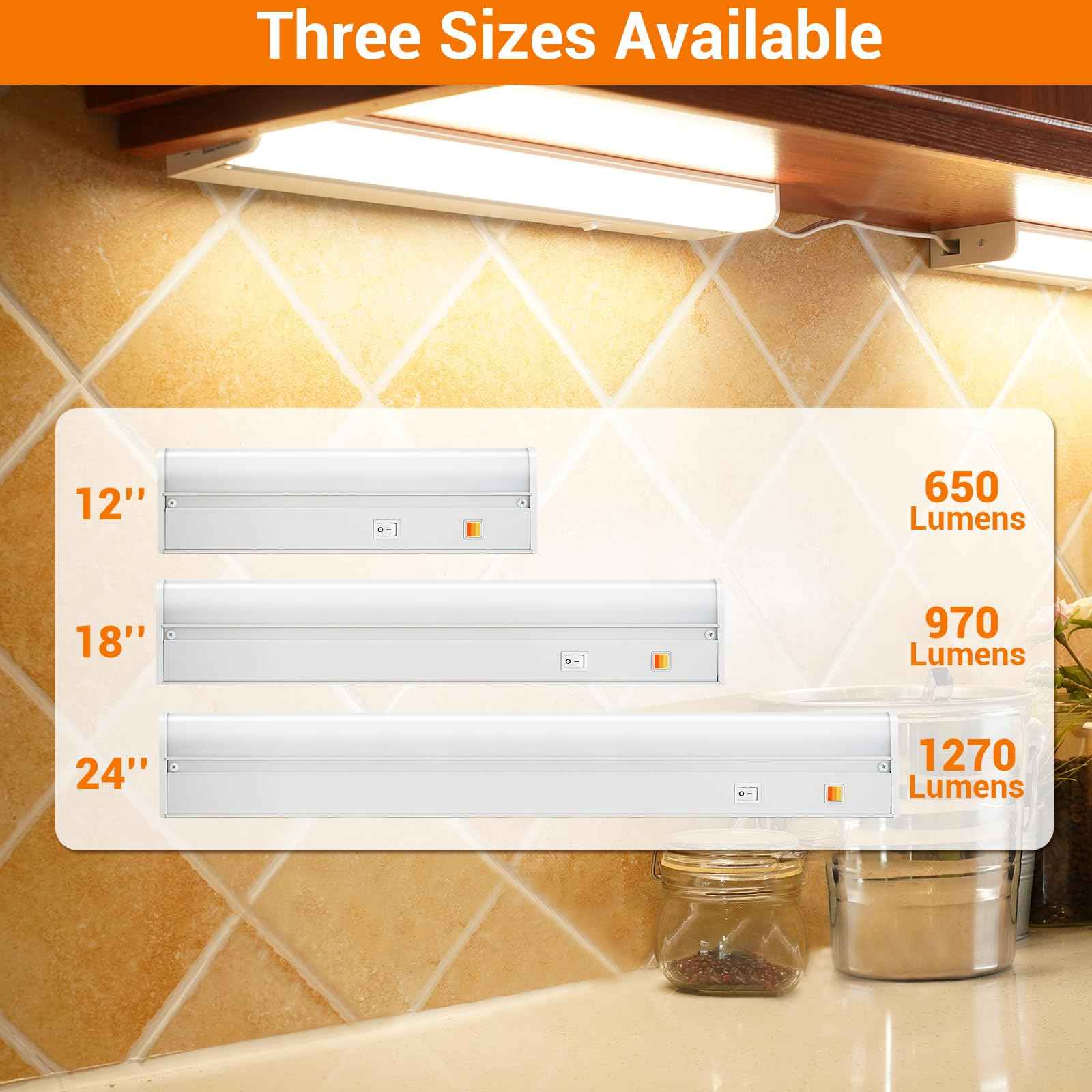 Dawnrise 24" Hardwired Under Cabinet Light (2 Pack), Linkable,1270 Lumens, 3 Color Selectable, Brightness Adjustable, Under Counter Lights for Kitchen, Wide Luminous Surface, White Finish, Metal Base