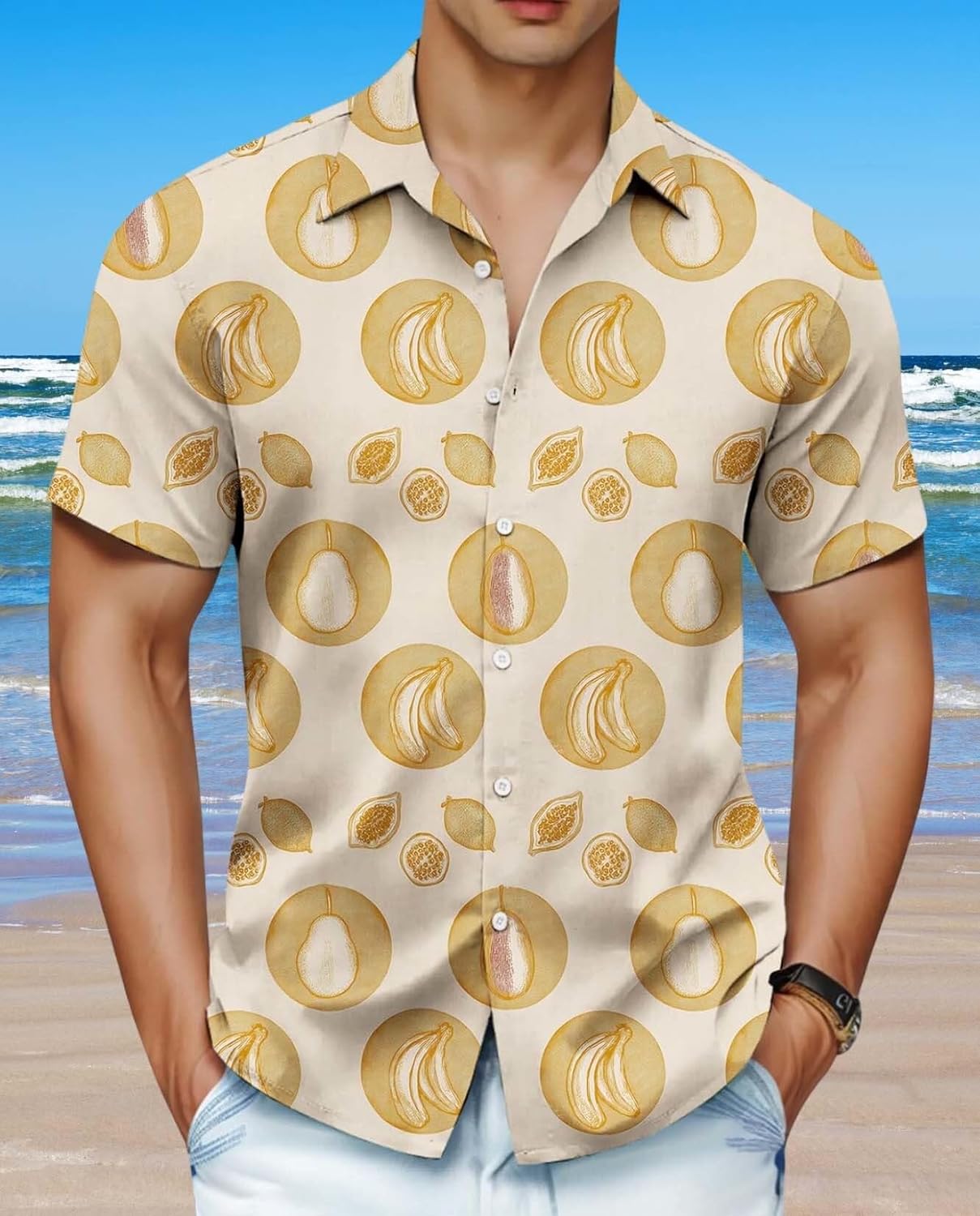 Skiennix Men's Hawaiian Shirt - Unique Fruit Print for Summer Vacation | Tropical Button-Up Tee