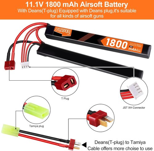 Crazepony 11.1V 1800mAh 3S LiPo Airsoft Battery - Rechargeable Nunchuck Split Pack with T Plug & Mini Tamiya Cable