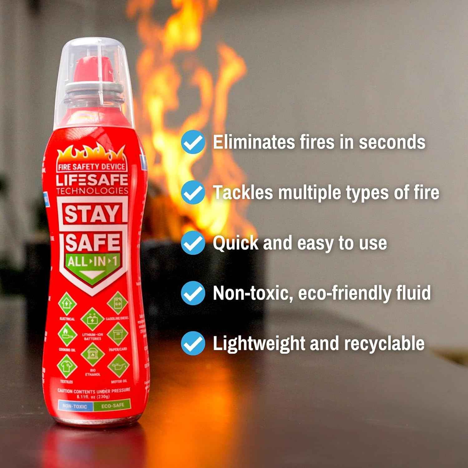 LifeSafe Technologies StaySafe All-in-1 Portable Fire Extinguishing Spray | Compact Fire Spray Smothers 10 Types of Fires | Non-Toxic, Non-Hazardous & Eco-Friendly for Home, Kitchen and Garage