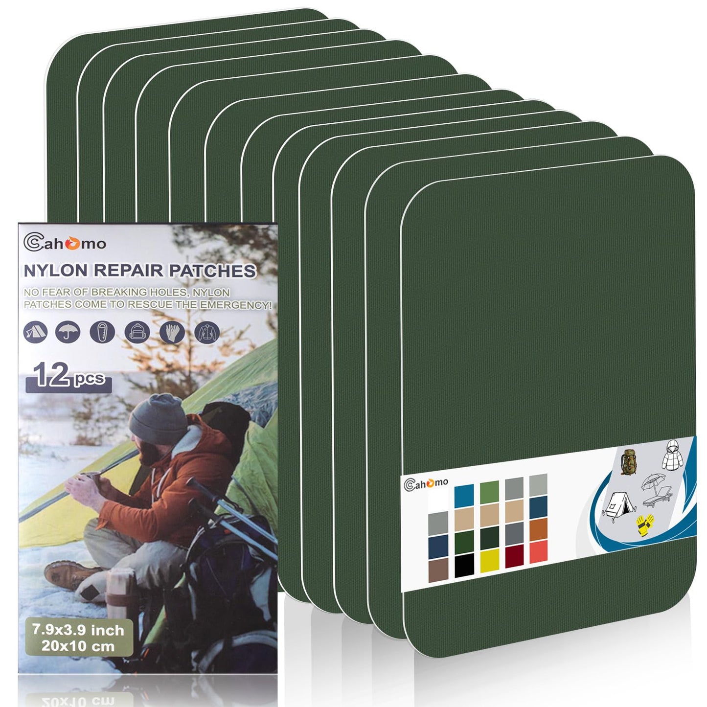 Cahomo 7.9x3.9 inch 12 PCS Nylon Repair Patch Nylon Repair Tape Self Adhesive Fabric Tapes Outdoor Camping Gear Fabric kit for Tent, Umbrella, Down Jackets, Sleeping Bag, Knapsack（Army Green）