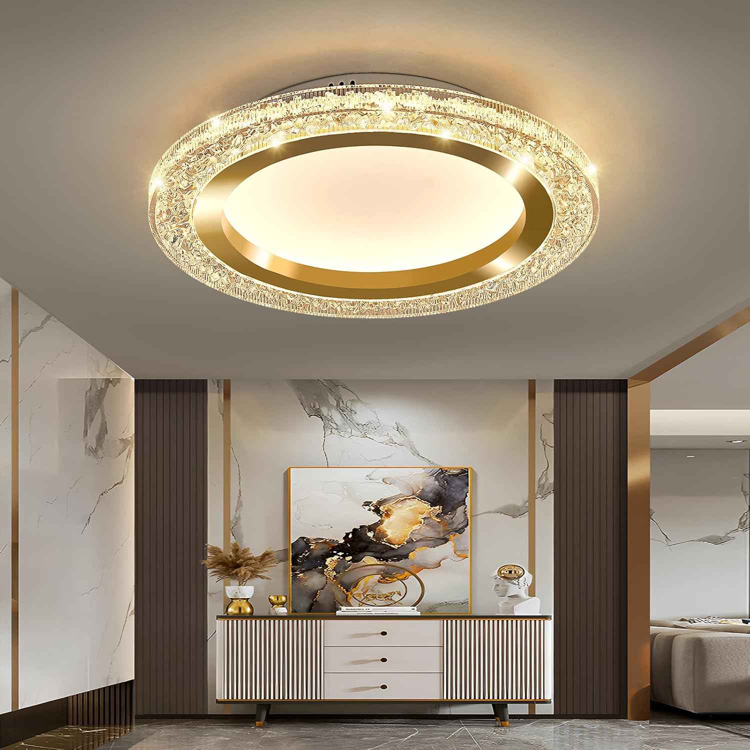 28W Gold LED Flush Mount Ceiling Light - 12" Modern Round Fixture for Bedroom, Kitchen, Bathroom