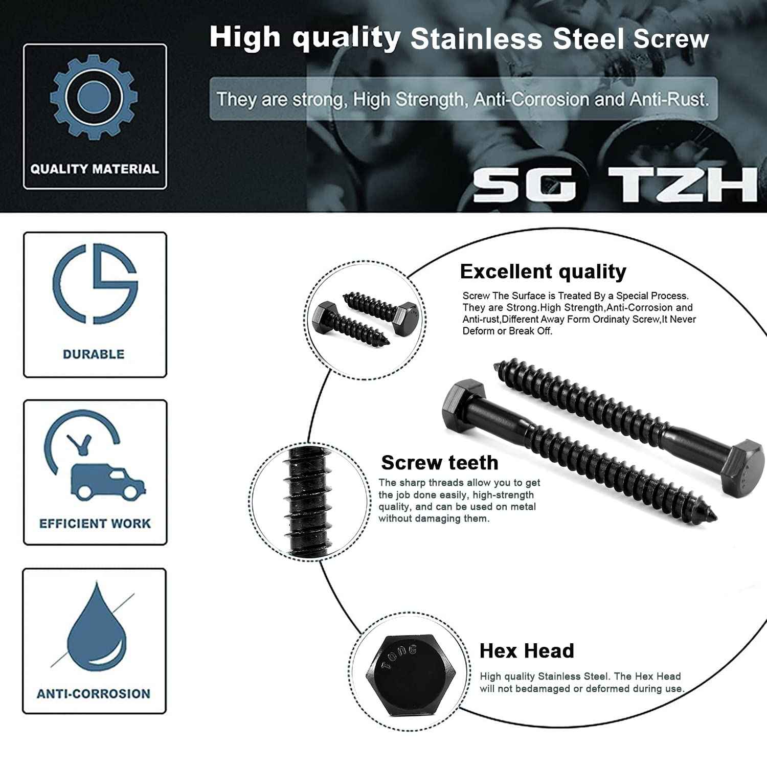 3/8" x 2" Hex Head Lag Screws Bolts 20Pcs 304 Stainless Steel 18-8, Partial Thread, Hexagon Head Wood Screws by Black Oxide by SG TZH