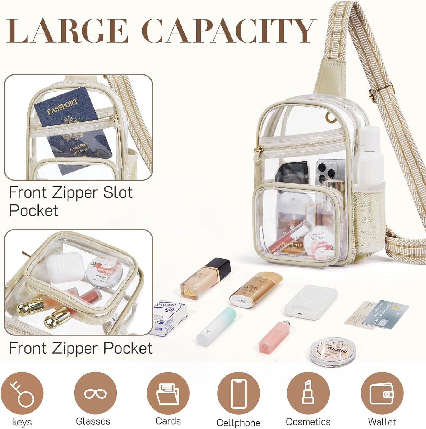 Missnine Clear Sling Bag - Stadium-Approved Crossbody Purse with Side Mesh Pocket | Ideal for Sports & Concerts