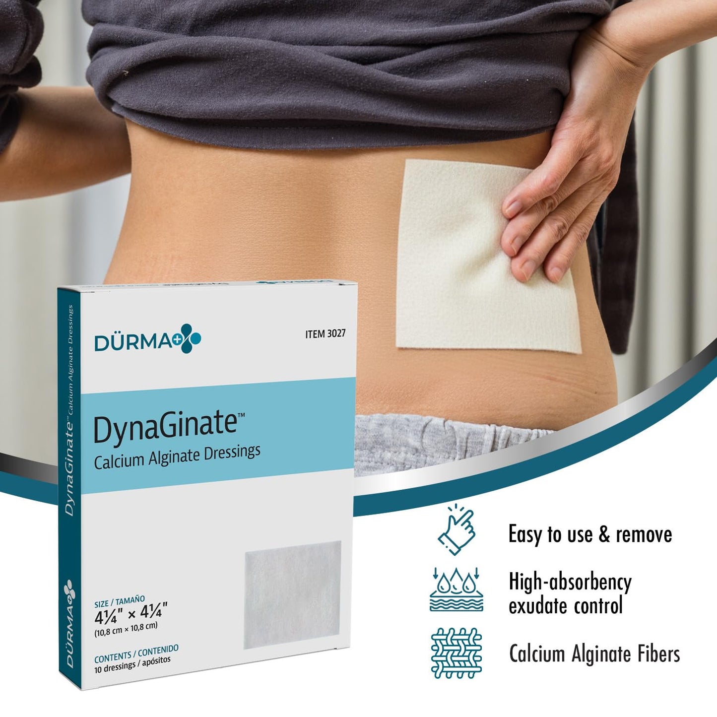 Dynarex DynaGinate Calcium Alginate Wound Dressing - Sterile, Non-Stick Topical Wound Pads - Absorbent Gel Patches For Moderate To High Exuding Cuts - For Medical & Home Use - 4.25"x 4.25", Box of 10