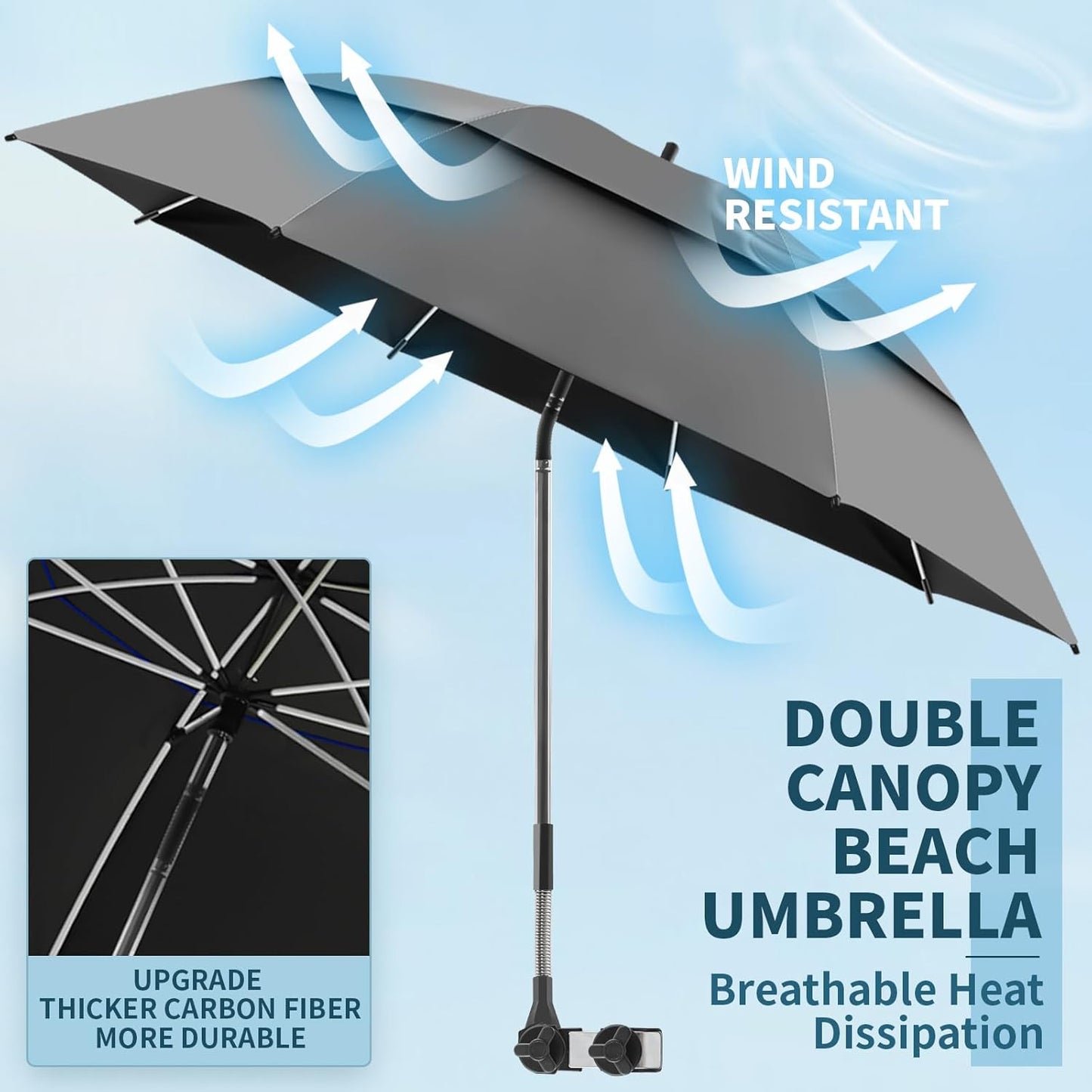 Skiennix 48.6" Double Canopy Beach Umbrella - UPF50+ Portable Clamp Umbrella for Wheelchairs & Golf Carts