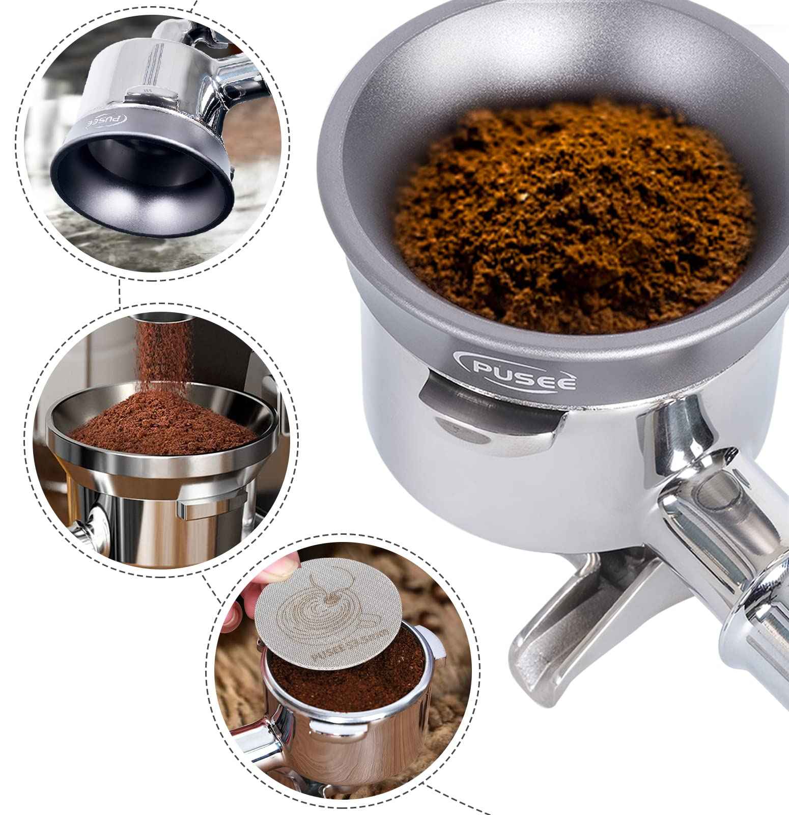 58mm Espresso Dosing Funnel & 58.5mm Puck Screen,PUSEE Coffee Dosing Ring Aluminum Metal,Reusable 1.7mm Thickness 150μm Espresso Puck Screen 316 Stainless Steel Fits 58mm Portafilter