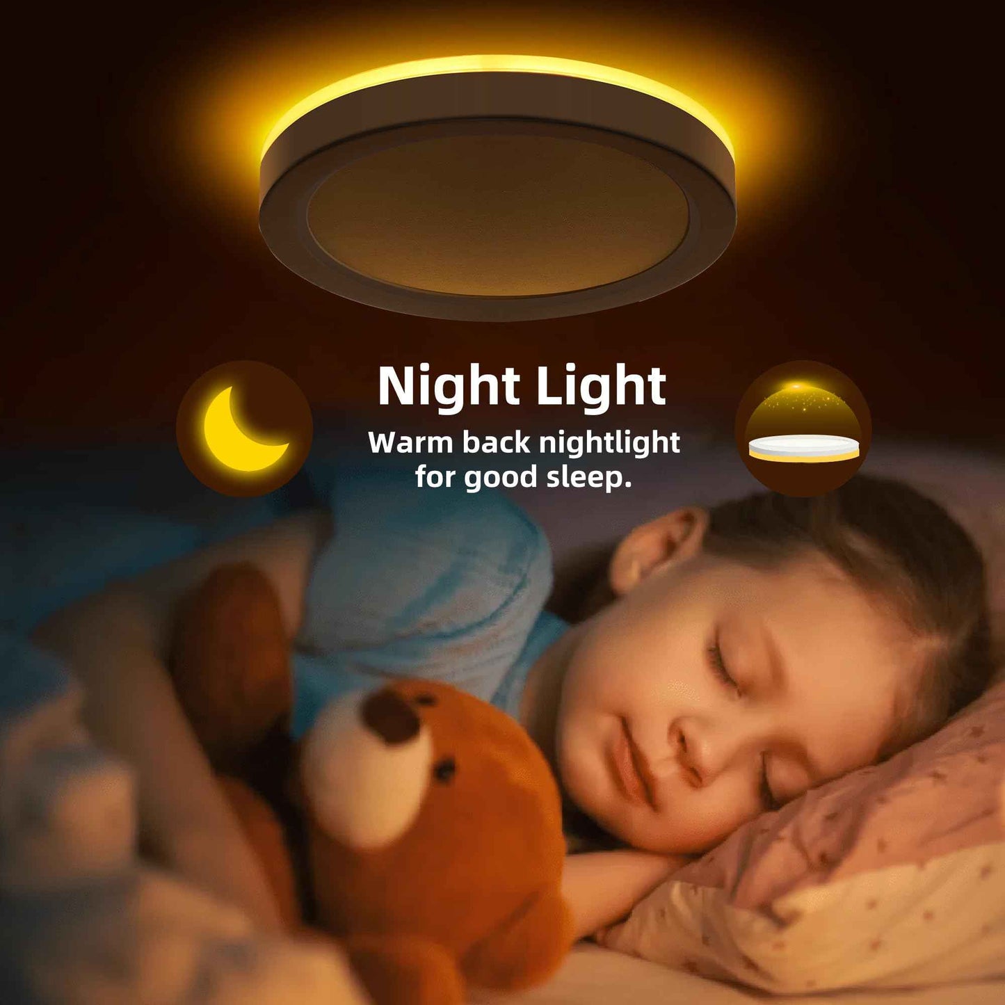 Hlite 7.5 Inch Flush Mount LED Ceiling Light with Night Light, CRI90, 15W, 1500 LM, 3000K/4000K/5000K Selectable, Flat Round LED Ceiling Light, Dimmable Bedroom Lights for Ceiling, White(1Pack)