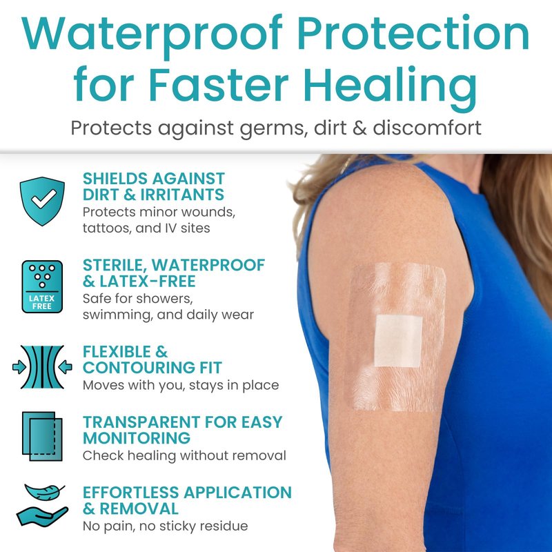 ViveCare Transparent Film Dressing (50 Pack) - Waterproof, Transparent Adhesive Bandages (4" x 4 3/4") - Clear Film Wound Cover Patch - Surgical Wound Bandage - Shower Shield for Wounds & Tattoos