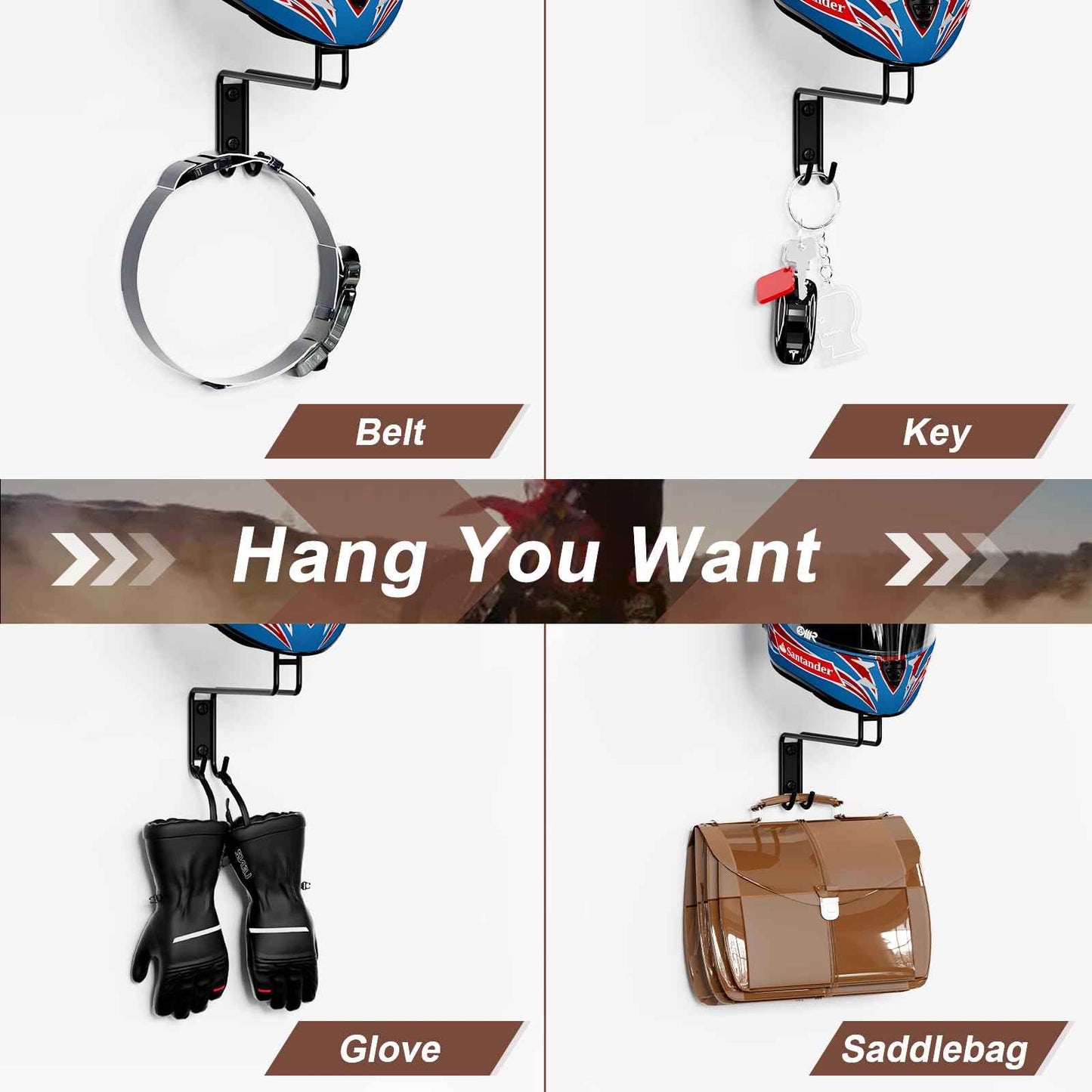 NANAGIFTREE Helmet Holder Wall Mount, 2 Pack Motorcycle Helmet Rack, Helmet Hanger Rack Motorcycle with 2 Hooks Helmet Hanger for Motorcycle Bike Coats, Caps, Baseballs and Rugby Helmet