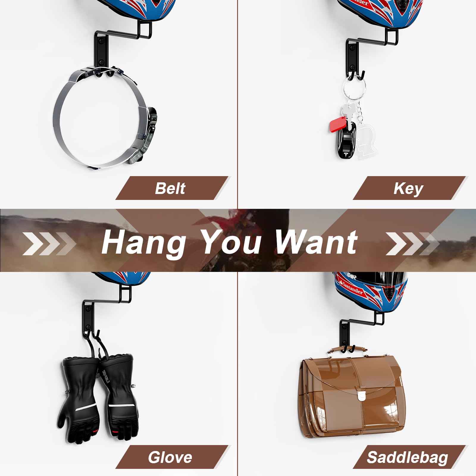 NANAGIFTREE Helmet Holder Wall Mount, 2 Pack Motorcycle Helmet Rack, Helmet Hanger Rack Motorcycle with 2 Hooks Helmet Hanger for Motorcycle Bike Coats, Caps, Baseballs and Rugby Helmet