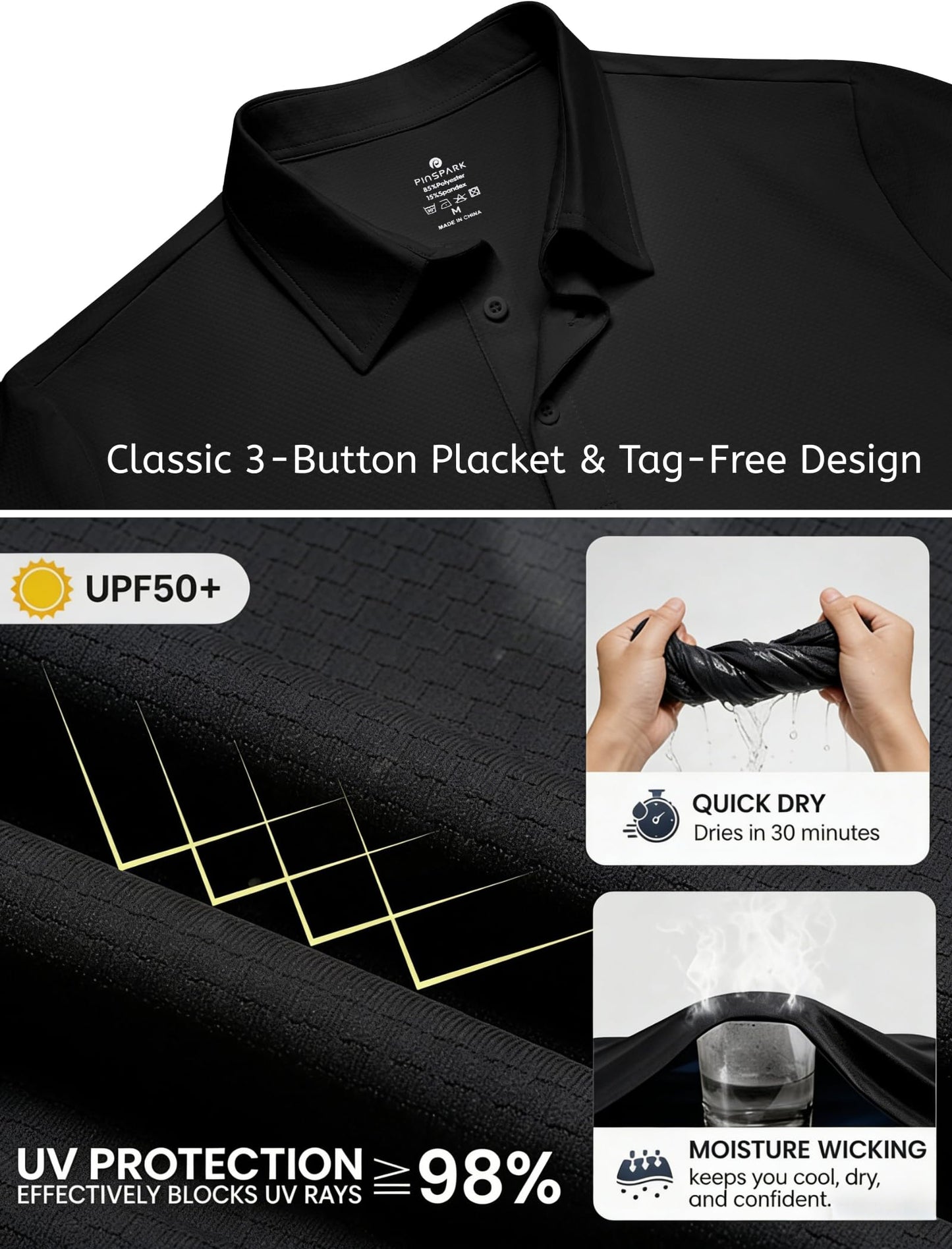 PINSPARK Mens Polo Shirt Quick Dry Black Polo Shirts for Men Moisture Wicking Golf Shirt Slim Fit Collared Shirts Short Sleeve Polos