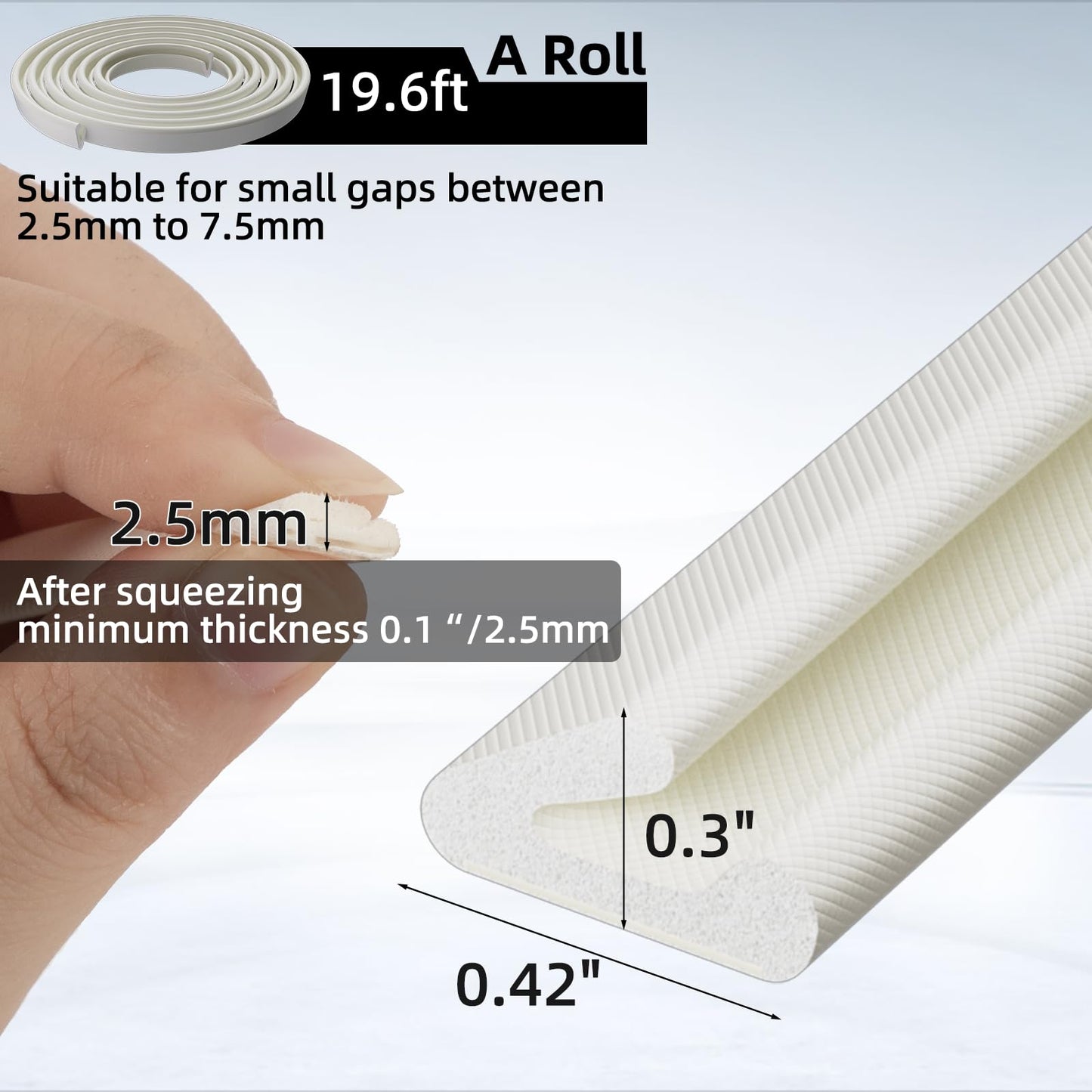1 Pack*19.6 Ft Self-Adhesive V Shape Foam Window Weather Stripping Door Seal Insulation Strip for Winter, Soundproof Exterior Front Frame Gap Filler, Draft Stopper Tape Noise Light Blocker (White)