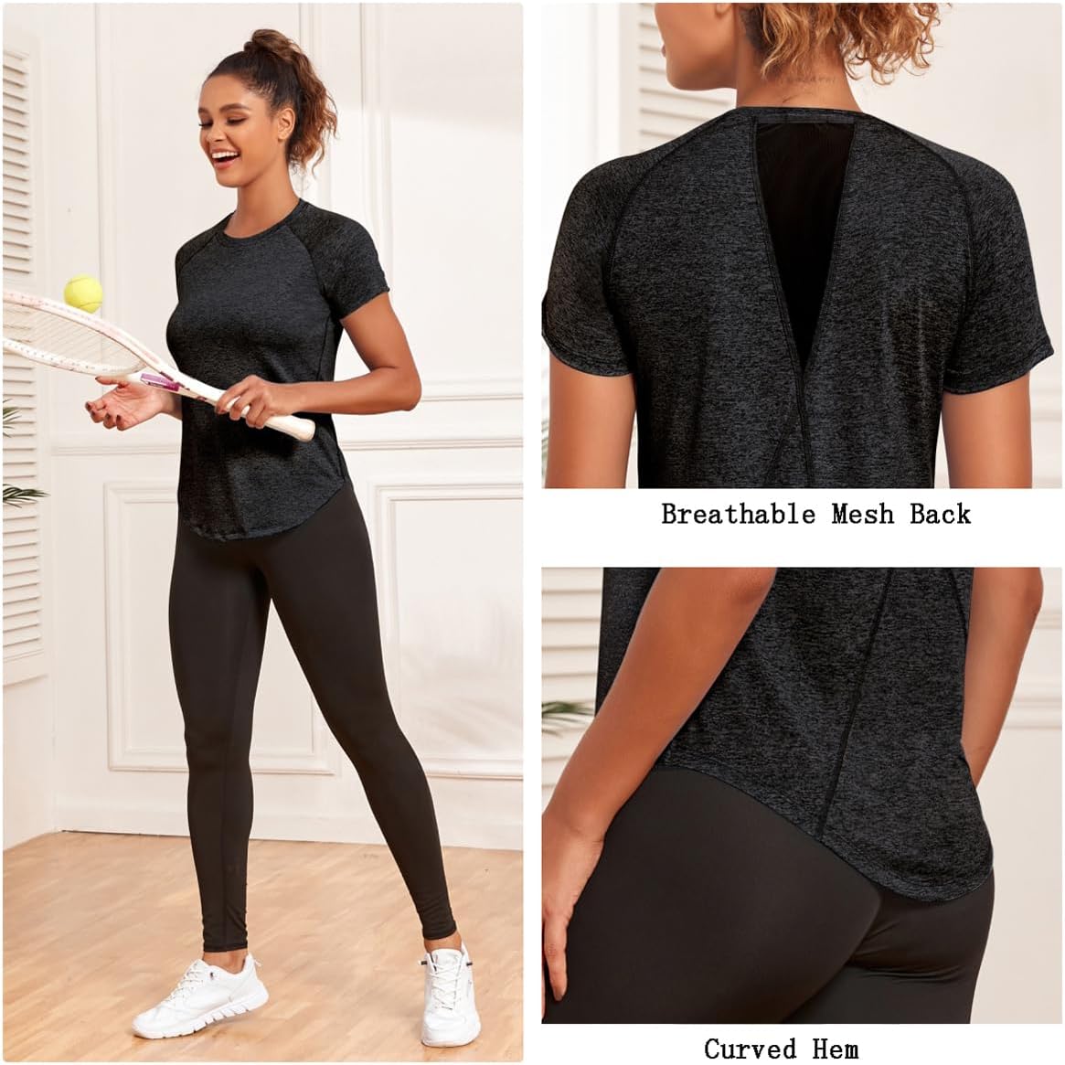 Skiennix Women's Workout Tops - Short Sleeve Dry-Fit Mesh Open Back Gym Tee | Loose Fit Exercise Shirt