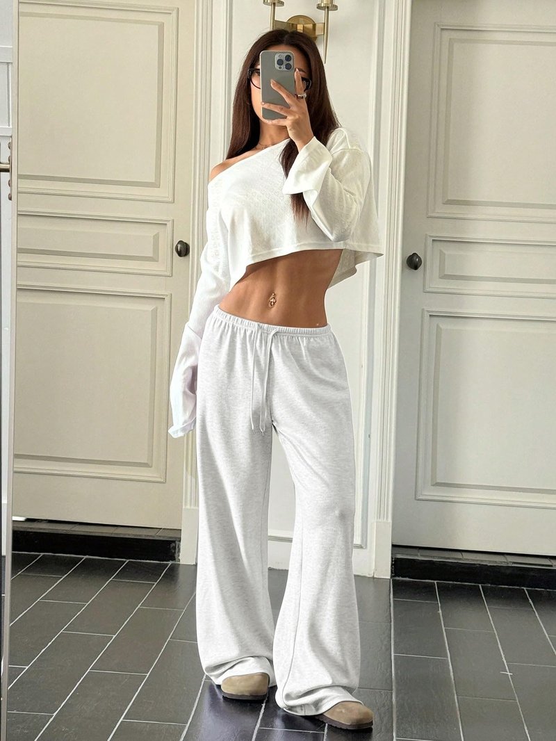 RoseSeek Women's Drawstring Waist Straight Streetwear Long Wide Leg Pants Casual Loose Baggy Workout Long Fall Sweatpants Plain Grey Small