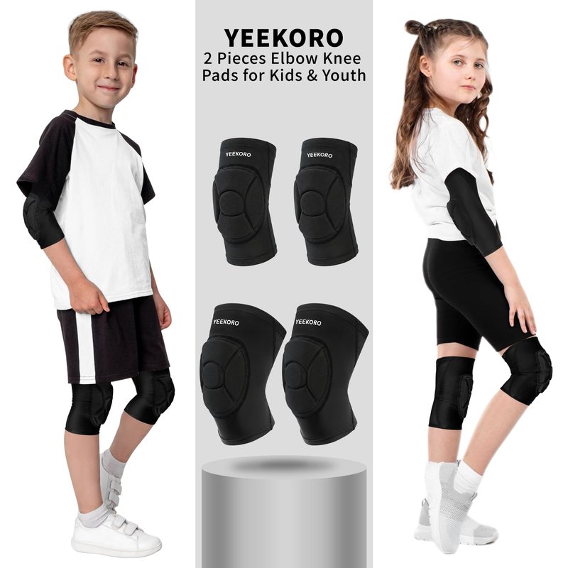 YEEKORO Kids/Youth Knee Pads + Elbow Pads, Compression Support Sleeve with Thickened Pad, Breathable & Lightweight Protective Gear for Basketball Wrestling Football Volleyball Snowboarding Dance(S)