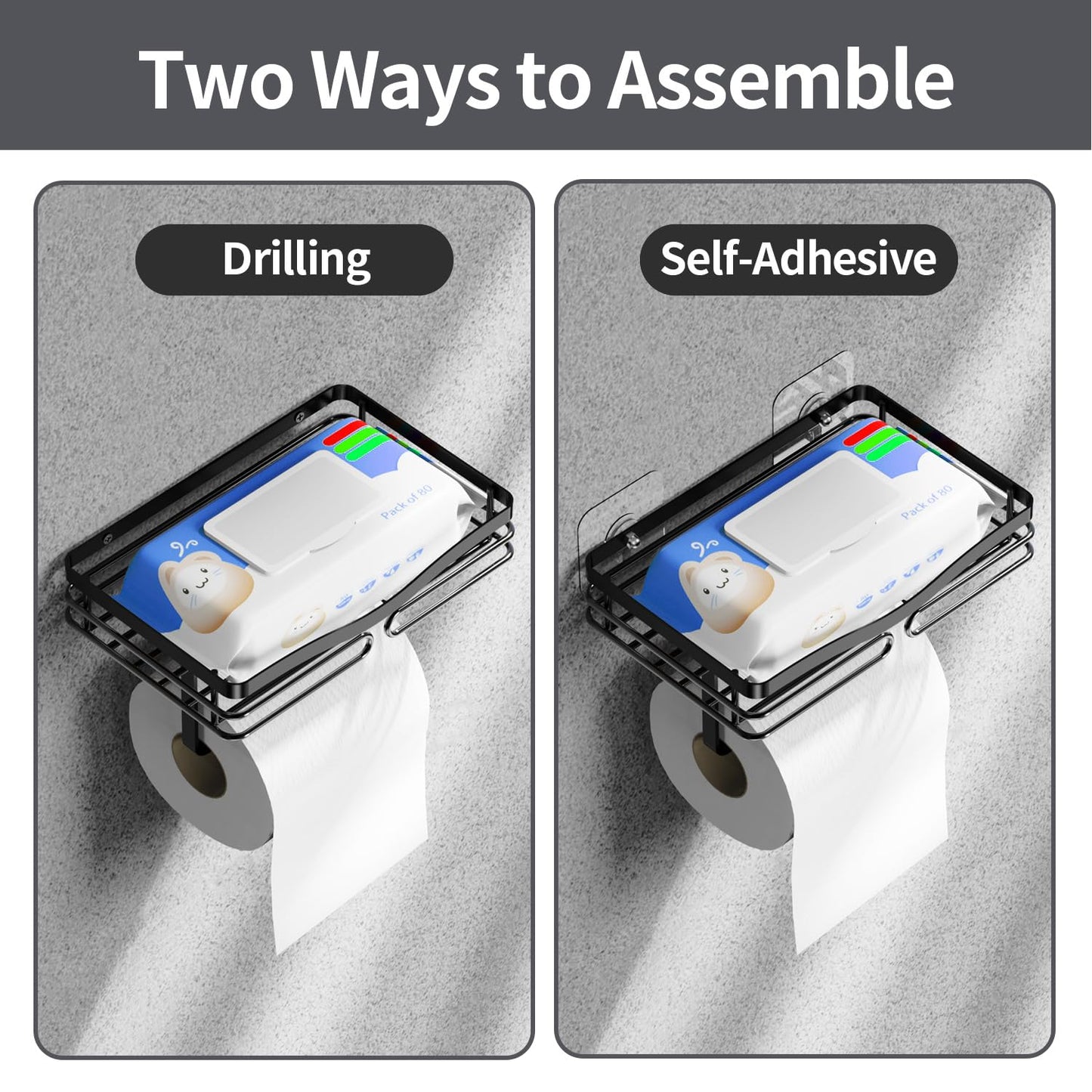 Adhesive Toilet Paper Holder Shelf - Wipes Storage Without Drilling, Stick on Toilet Paper Roll Holder, Waterproof Black