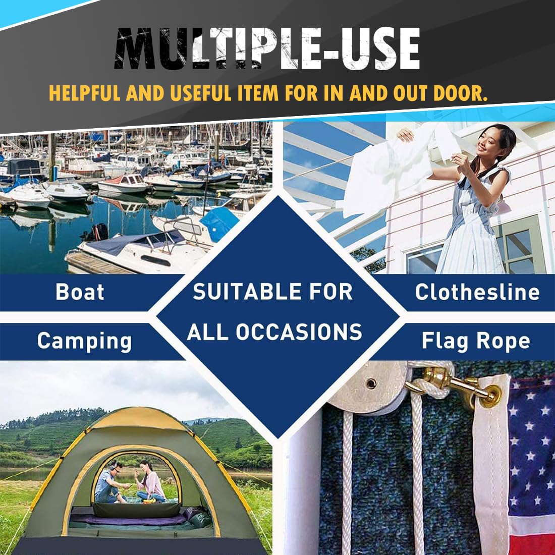 PerkHomy 200 Feet Cotton Rope 3/16" (5mm) Multi Purpose Utility Diamond Braided Cord, Natural Cotton for Clothes Line Camping Crafting Flag Pole, Black