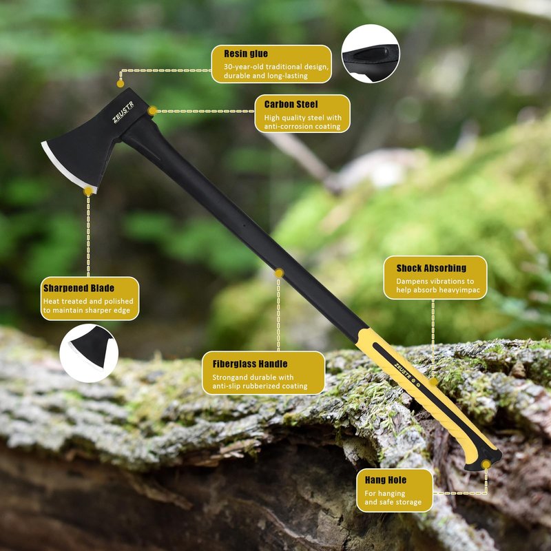 ZEUSTR 36” Long Camping Axe, Forged Steel Blade with Shock-Absorbing Handle, Outdoor Hatchet for Camping&Kitchen, Wood Chopping and Kindling
