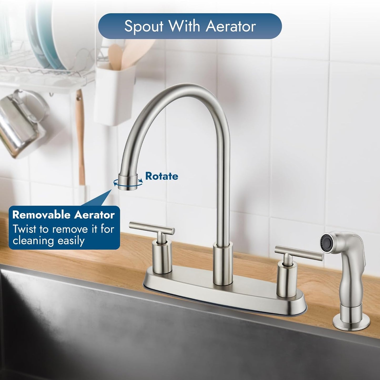 Brushed Nickel Kitchen Faucet with 360° Rotating Spout & Side Sprayer - 2 Handle, 8 Inch Centerset