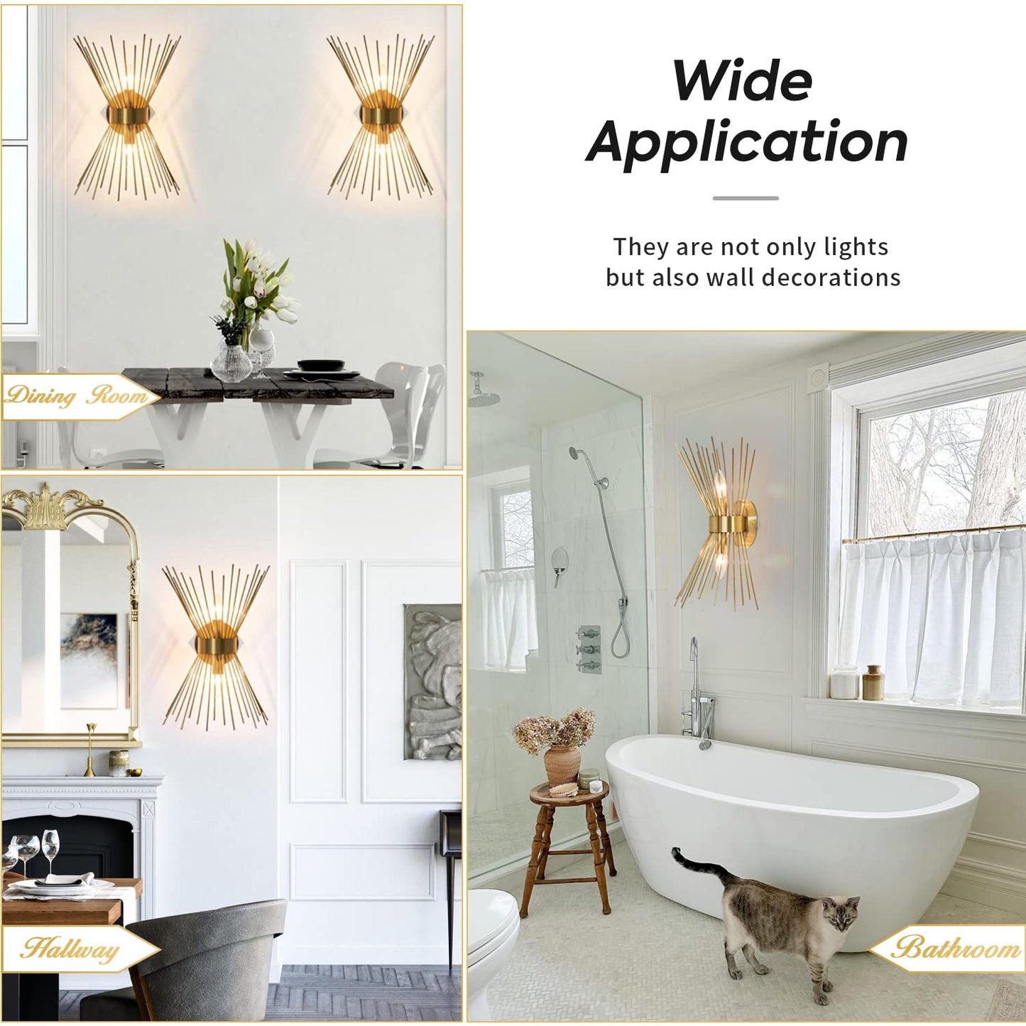 2-Light Bathroom Vanity Light, Mid-Century Modern Starburst Gold Wall Sconce, Bedside Electroplate Brass Wall Light Fixture, Wall Lamp for Powder Room Bedroom Bathroom Hallway Entryway, Set of Two