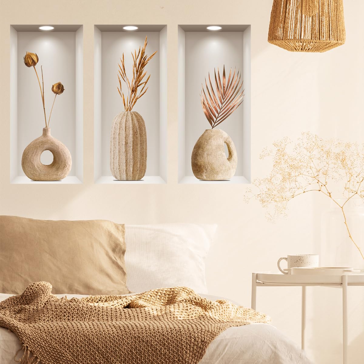 LOONELO 3D Dried Flower Vase Wall Stickers, 3Pcs Rustic Blossom PVC Wall Decals, Removable 3D Floral Wall Art for Living Room, Bedroom, Entryway, Sofa Backdrop, Yoga Studio, Office, Home Decor