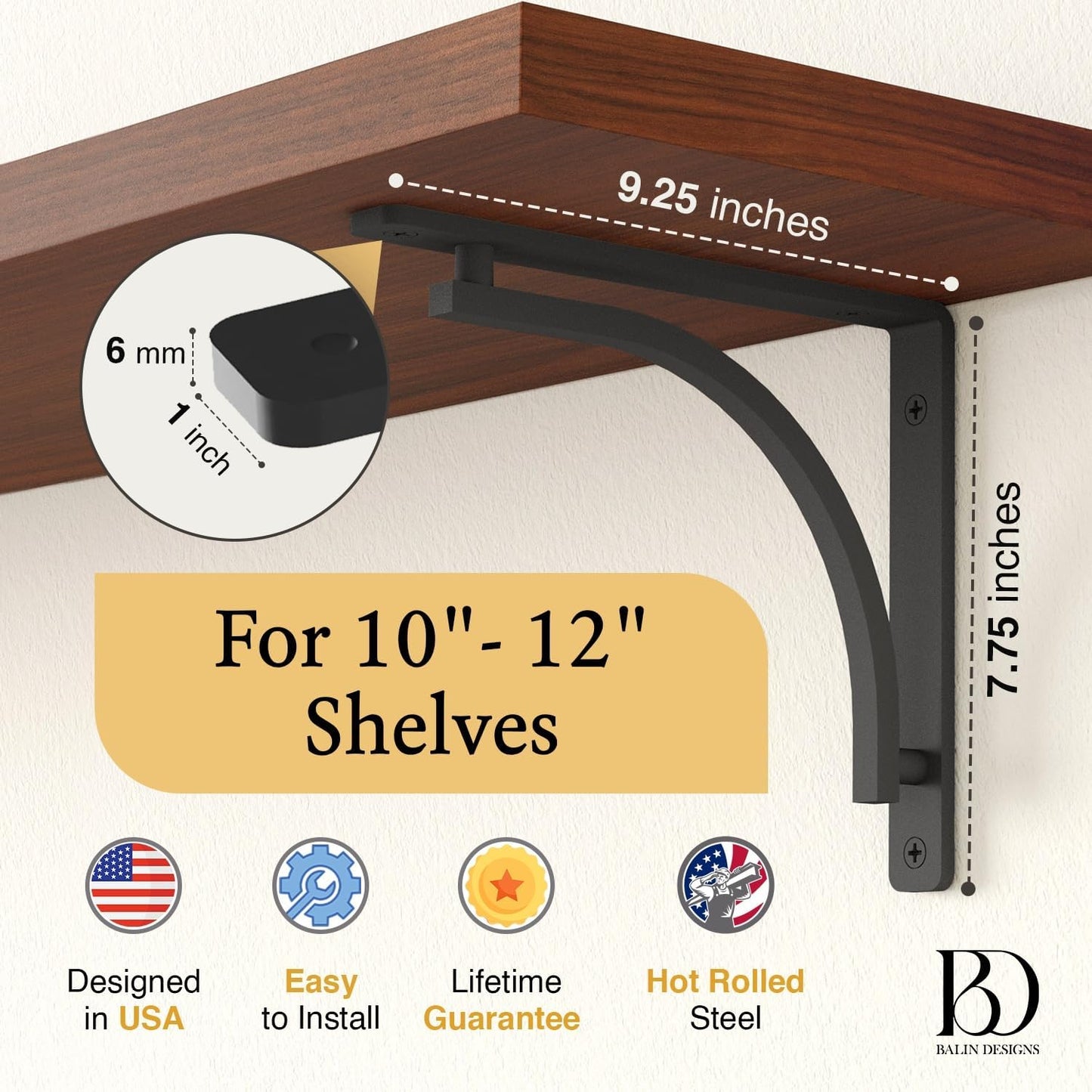 Heavy Duty 8-Inch Black Shelf Brackets - Wall Mounted L Bracket Set of 4 with Hardware