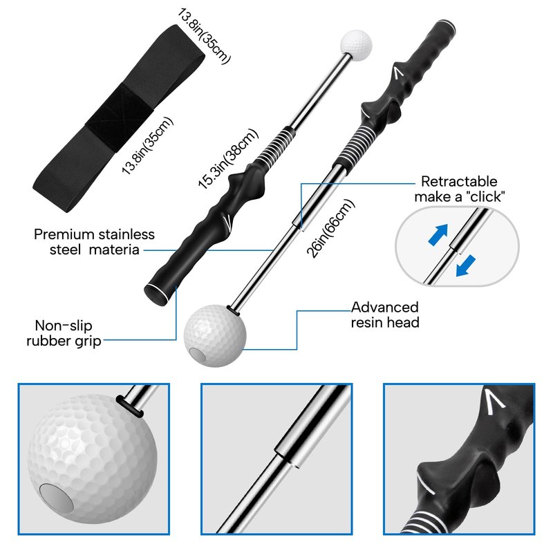 5-in-1 Retractable Golf Swing Training Aid, Indoor & Outdoor Practice Golf Swing Trainer with Arm Band Right/Left-Handed Swing Mechanics for Beginners & Tempo Training for Advanced, Click Feedback