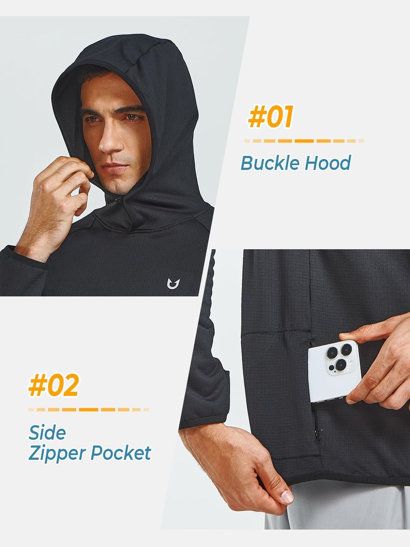 NORTHYARD Men's Running Hoodie Lightweight Fleece Workout Gym Hooded Sweatshirts Long Sleeve Cold Weather Golf Pullover BLACK L
