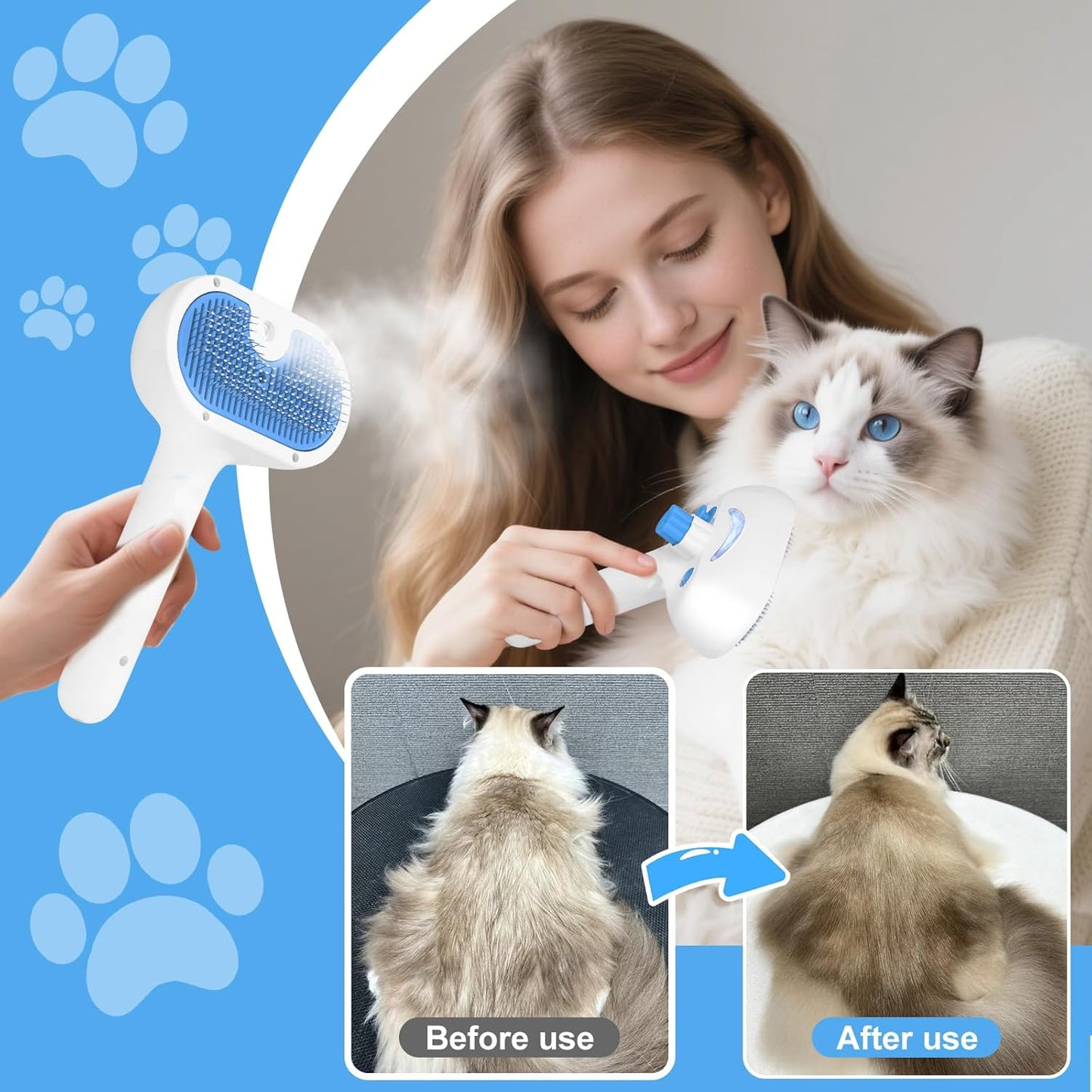 Skiennix Pet Steam Brush - 3-in-1 Grooming Tool for Dogs & Cats - Self-Cleaning Mist Comb, Blue