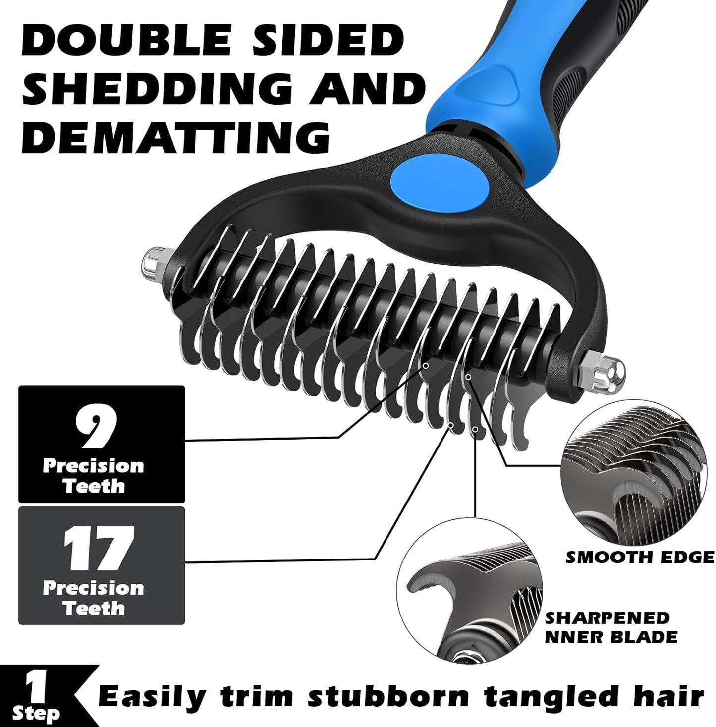 Skiennix Self-Cleaning Slicker Brush Set - Pet Grooming Rake & Flea Comb for Dogs, Cats, Horses | Double-Sided Dematting Tool (Blue)