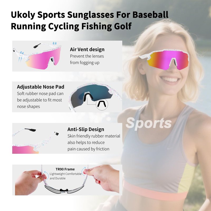 Ukoly Baseball Sunglasses For Men Women,Sports Sunglasses For Baseball Running Cycling UV400 protection TR90 Frame 615 (Pink)