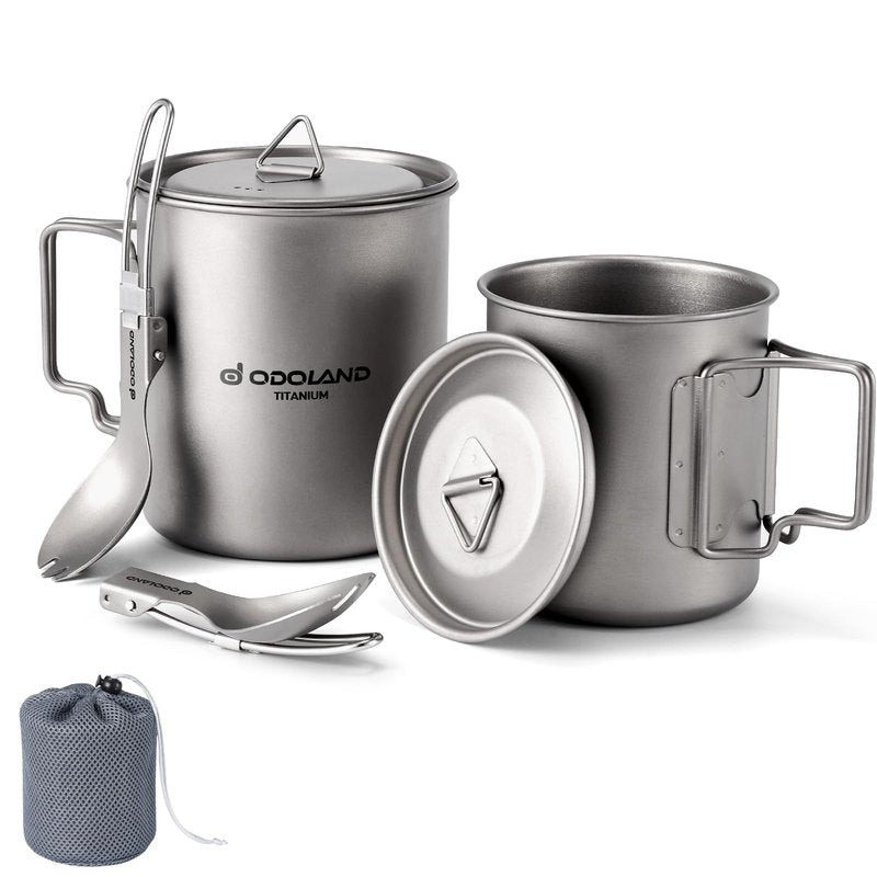 Odoland Titanium Camping Cookware 420ML & 750ML Titanium Pot with Lid and Spork Lightweight Camping Pot for Backpacking Hiking Traveling and Picnic