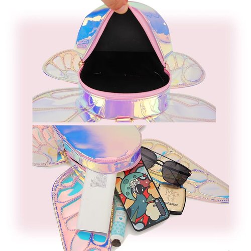 ENJOININ Women's Laser Holographic Backpack Butterfly Angel Wings Casual Daypack Shoulder Bag (Laser Pink)