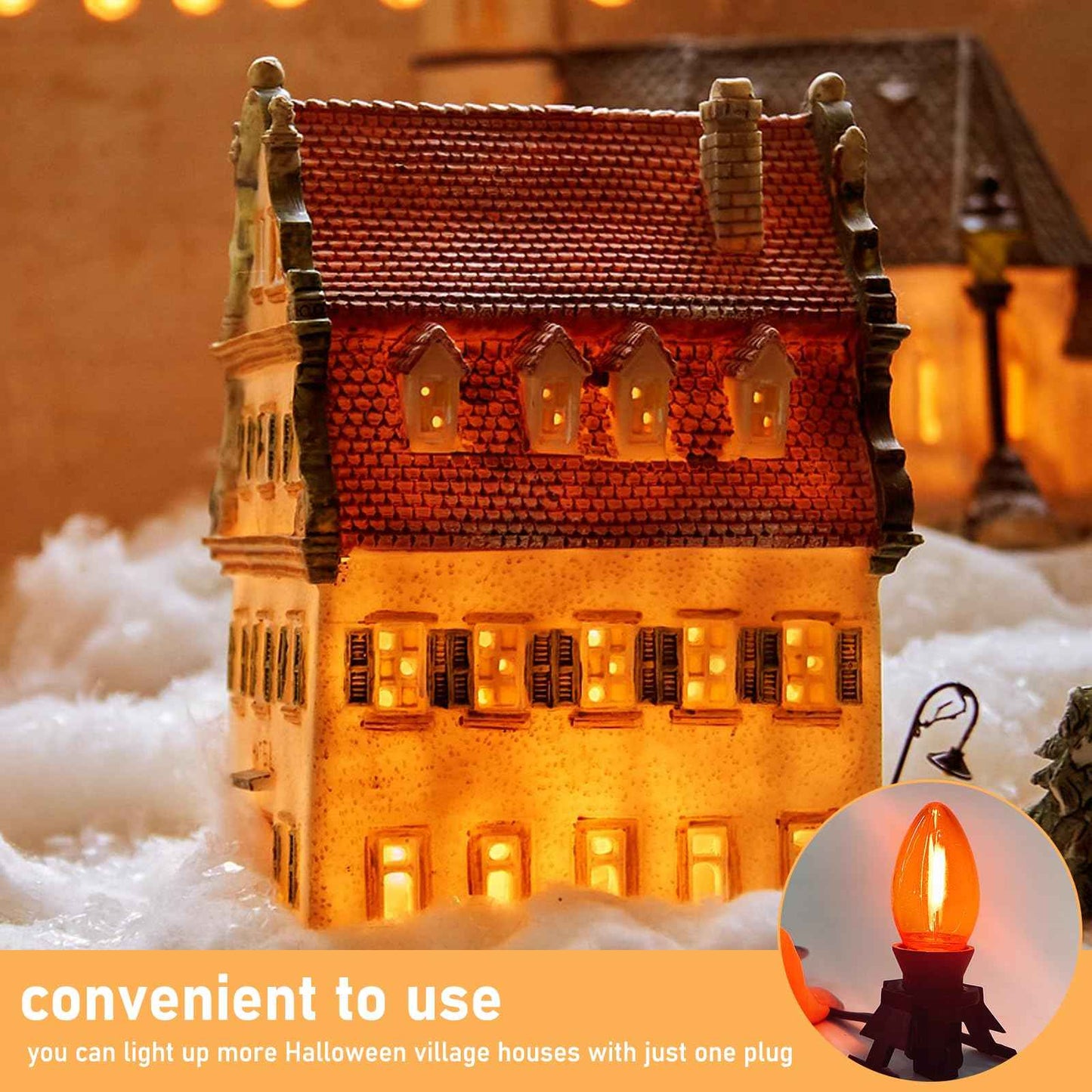 4 Pack Accessory Cord with One LED Orange Light Bulb, 6Ft Black Cord Halloween Night Lights with On/Off Switch Plugs, C7 Clips Indoor String Lights for Halloween Pumpkin Christmas Village House Crafts