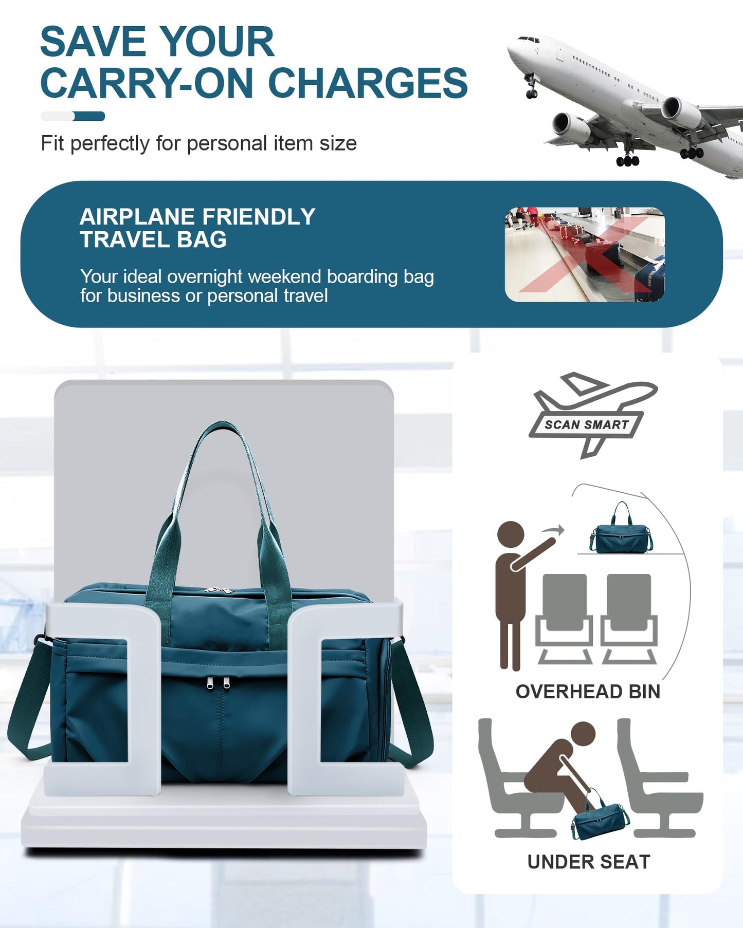 Gym Bag for Women Men with Shoe Compartment, Sport Duffel Bag, Waterproof Travel Weekender Overnight Carry on Bag for Yoga with Trolley Sleeve, Peacock Blue