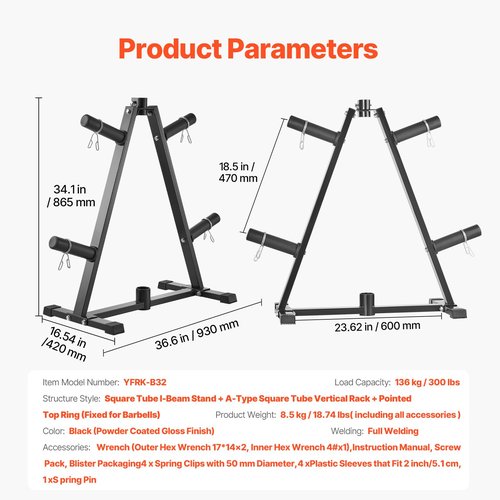 VEVOR Weight Plate Rack, A Frame Weight Plate Tree for 2-Inch Weight Plates, Standard Weight Plate Tree, 300 lbs Load Capacity Weight Storage Holder, Home Gym Barbell Rack Storage Stand, Black