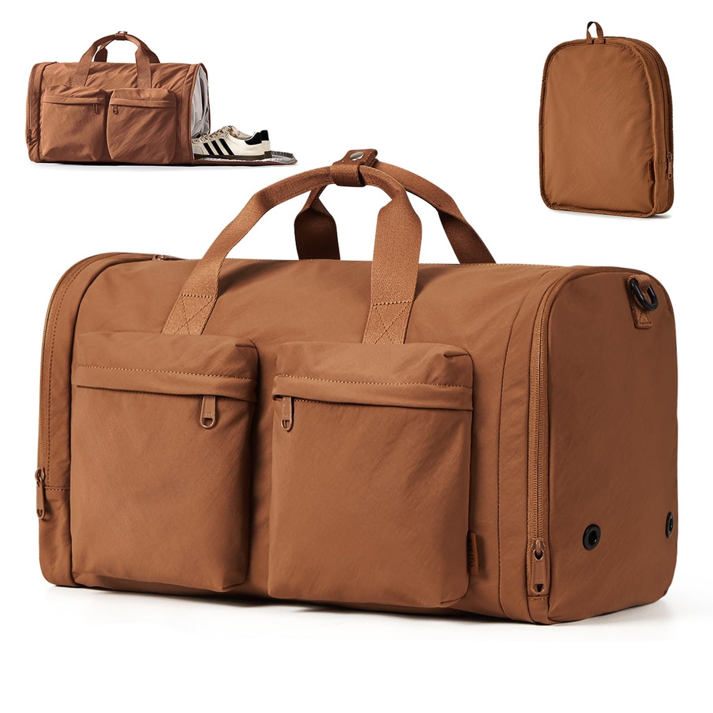 Aji Foldable Gym Bag for Women Men with Shoes Compartment, 3 in 1 Carry on Travel Duffel Bag with Trolley Sleeve, Lightweight&Water Resistant Duffel Bag for Travel, Sports, Fitness&Workout,Warm Brown