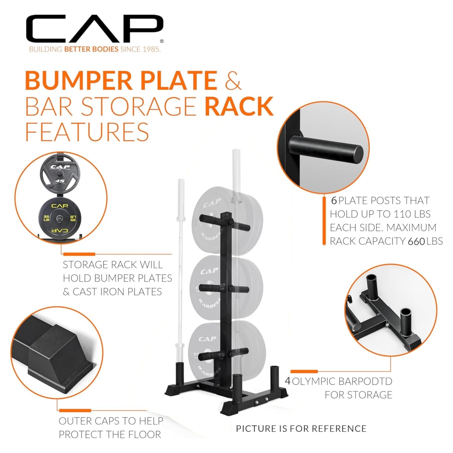 CAP 190 lb Economy Speckled Olympic Bumper Plate Set with Storage Rack, 2-Inch Olympic Plates, Medium Bounce Rubber Weight Plates with Steel Hub, 6 Weight Posts & 4 Barbell Holders for Weightlifting, Strength Training & Home Gym Workouts